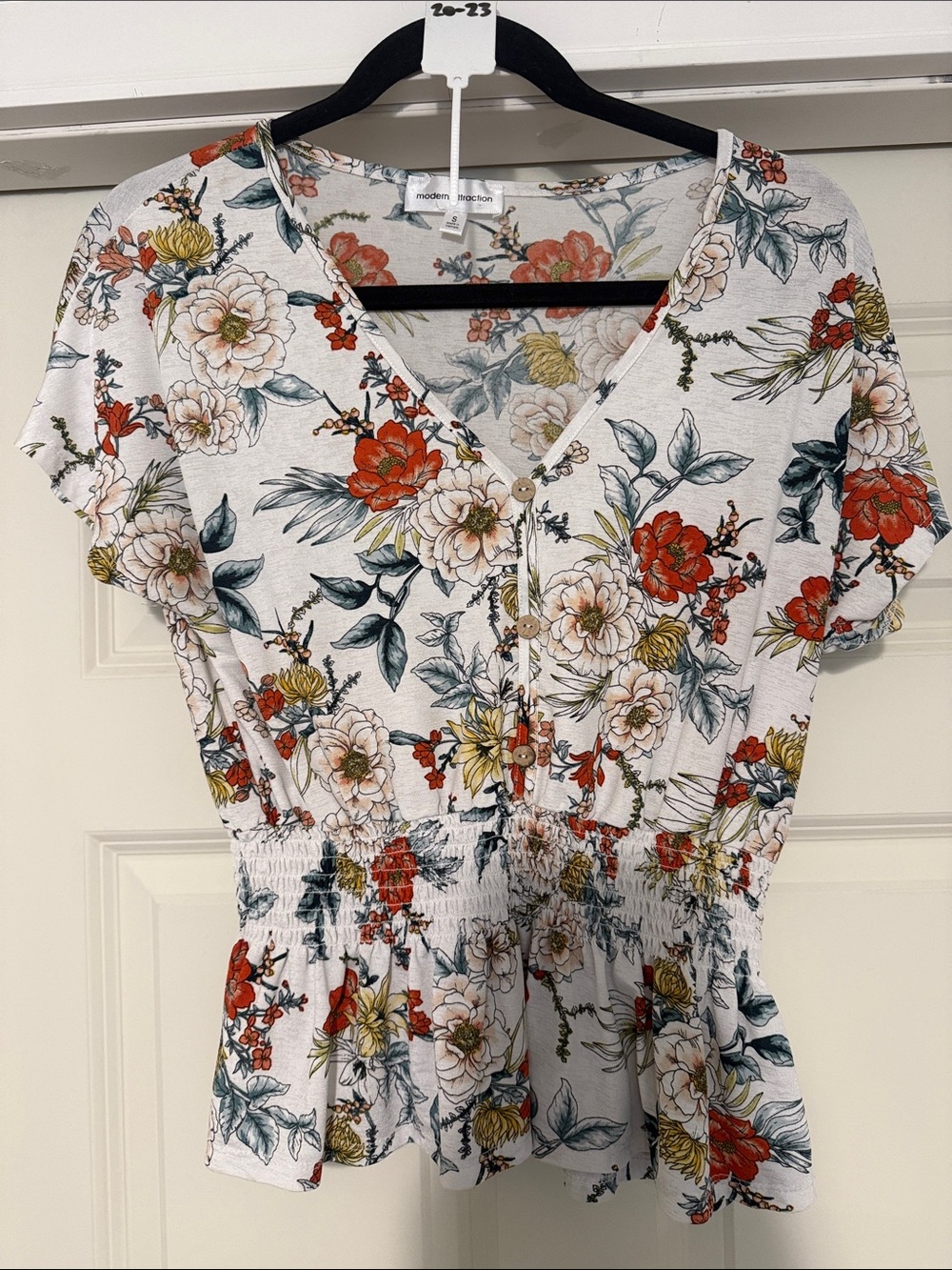 White Floral Button-Front Smocked Waist Top